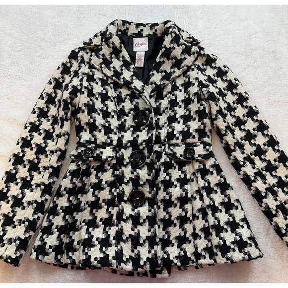 Candies Houndstooth Wool Pea Coat Small Black/White Jacket Y2K 00s *Stain* - Picture 1 of 16